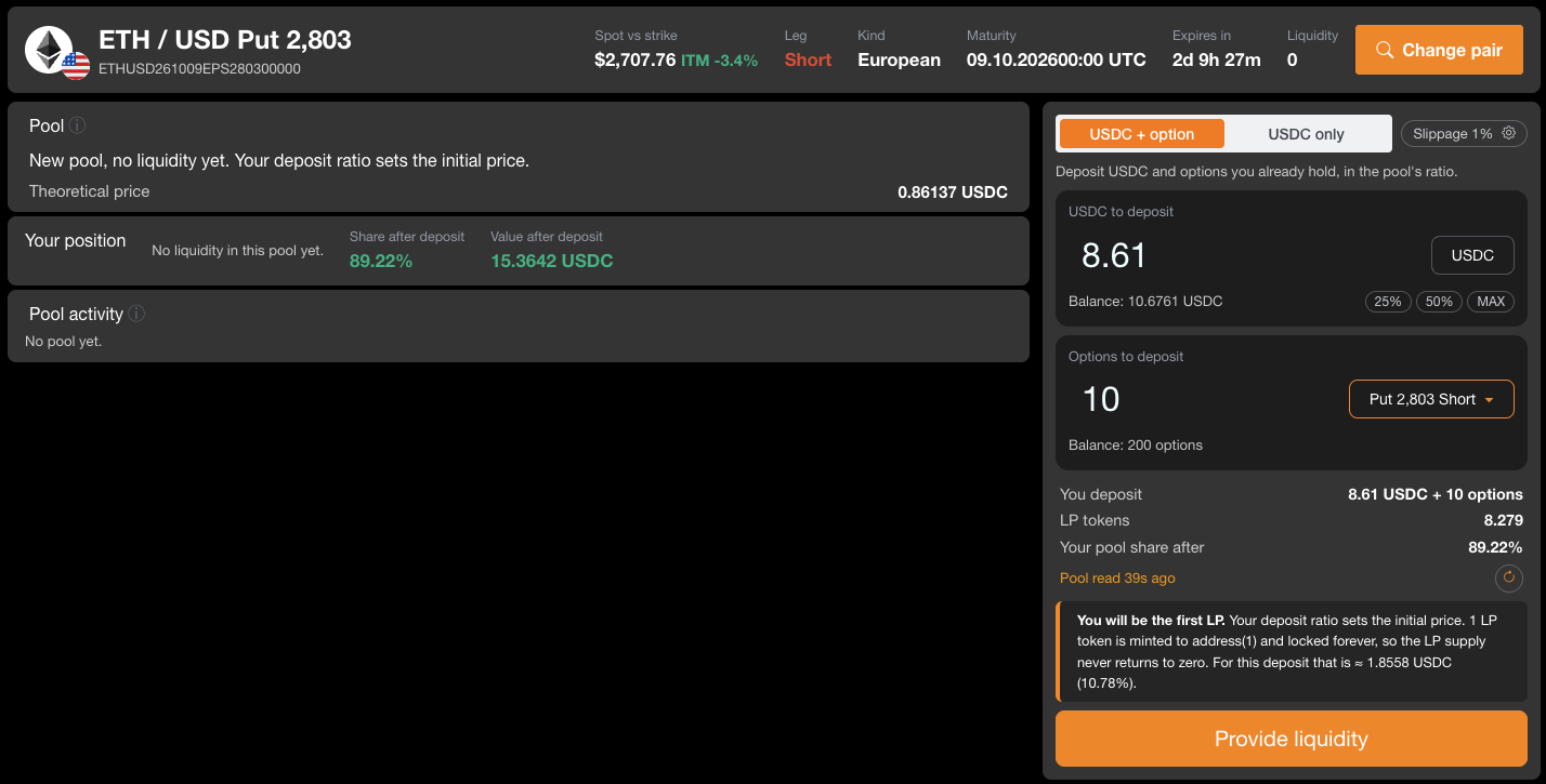 /add_liquidity opening a new pool: first-LP warning with the locked amount