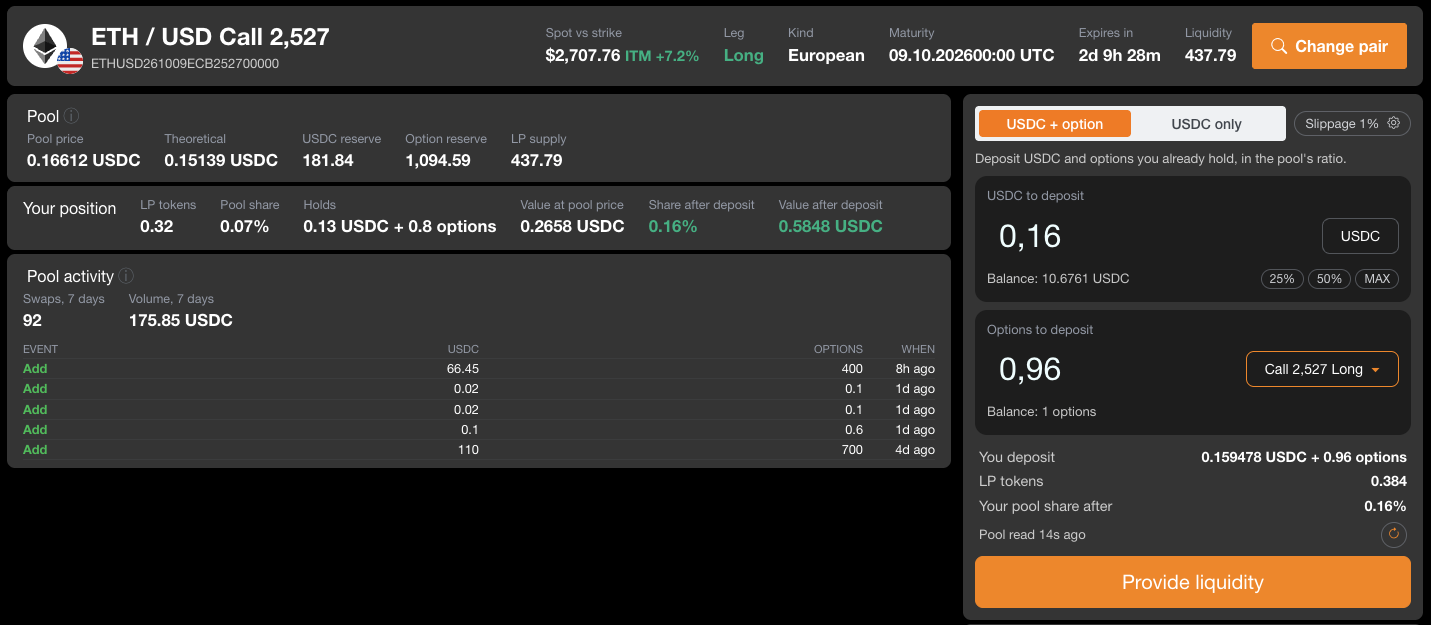 /add_liquidity in USDC + option mode