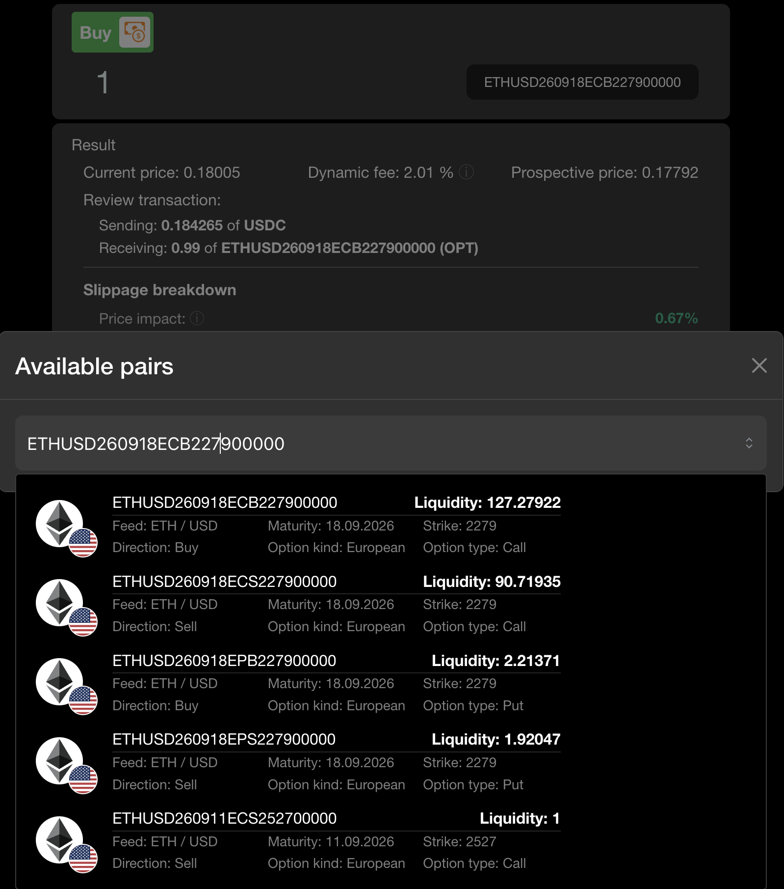 swaps pair selector open, showing available pairs with liquidity